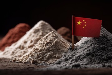 Chinese national flag planted on iron rod amidst white powder and gray sand piles against dark brown background, symbolizing abundant natural resources and mining industry.