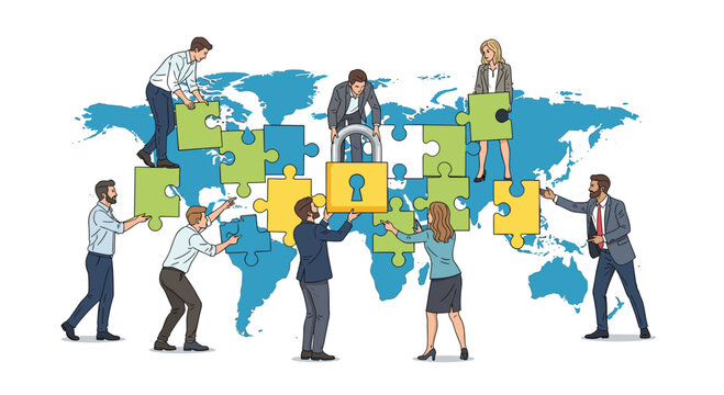 Diverse business team collaborates on global puzzle, securing success with a key lock symbol for international strategy