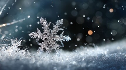 Delicate Snowflake's Dance: A close-up showcases a solitary snowflake, a crystalline marvel of nature, delicately resting on a bed of fresh snow, shimmering with intricate detail against a soft.