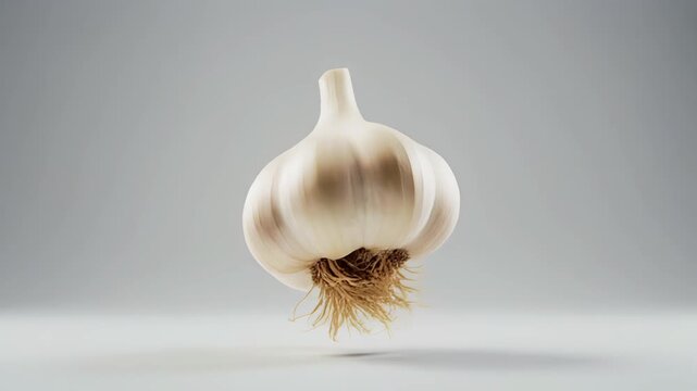 A single garlic bulb levitating gracefully in midair, rotating slowly under professional studio lighting