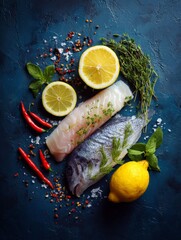 Culinary Delight: An overhead shot, showcasing fresh fish fillets, vibrant lemons, aromatic herbs and fiery red chili peppers artfully arranged on a dark, textured surface.