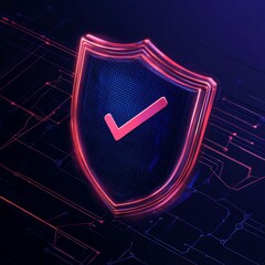 Digital Security Shield: A bold illustration of a shield with a check mark, set against a technological circuit board, symbolizes secure systems and digital protection in the digital realm.