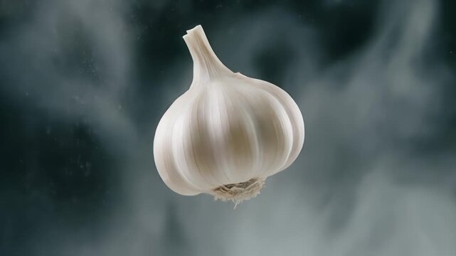 Macro shot of a floating garlic bulb surrounded by drifting particles of dust and soft white mist