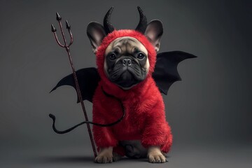 Cute dog dressed as a little devil with wings and a pitchfork in a dark setting