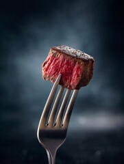 Sizzling Steak: A juicy, perfectly cooked piece of steak, pierced by a fork, invites the viewer to savor the deliciousness and culinary expertise.