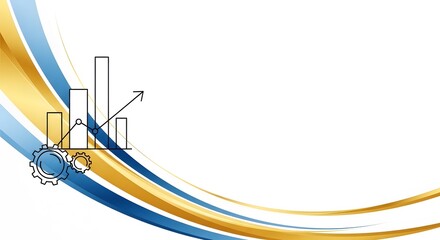 Illustration of a bar graph with an upward trend line and gears on a blue and gold background