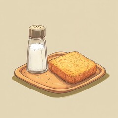 Breakfast Toast Delight: A simple yet elegant still-life of a golden toast slice with a salt shaker on a wooden plate, evoking warmth, comfort, and the simple pleasures of a morning meal.