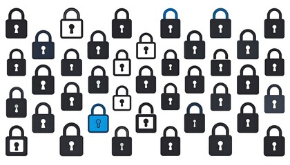 A collection of padlocks, with some colored differently, against a white background