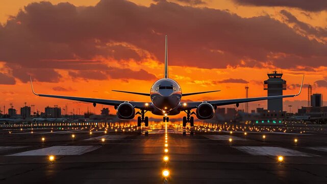 Ultra HD A commercial airplane is on the runway at sunset video, airplane taking off at sunset video, airplane taking off video, airplane take off video, airplane takeoffs video