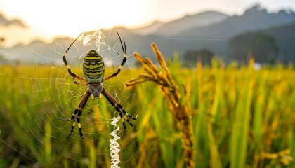 A yellow and black striped spider sits in its web, illuminated by golden sunlight over a field, mountain landscape blurred in background