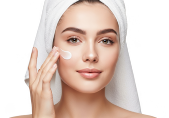 Beautiful woman applying cream on her face isolated on transparent background, wearing a towel on her head and smiling gently