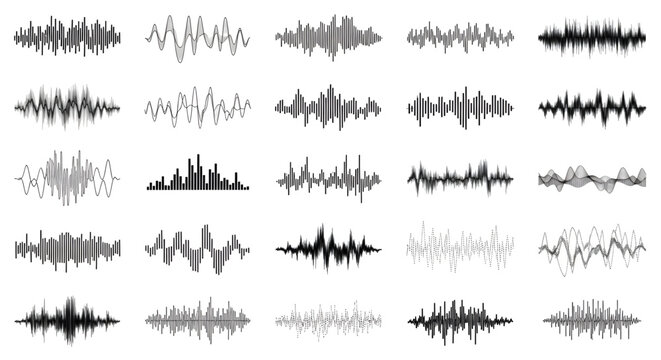 Dynamic sound wave visuals for audio production and music visualization projects, use these versatile waveforms for digital audio analysis and modern interface elements