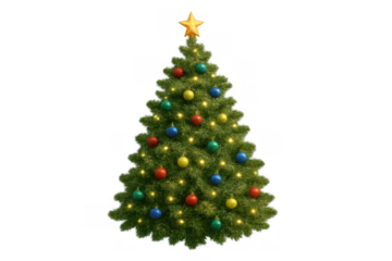 Christmas tree decorated with star, colorful ornaments, and glowing lights, celebrating winter holiday traditions