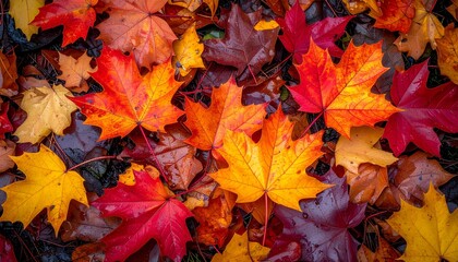 photograph of autumn maple leaves scattered on a forest floor