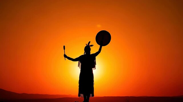 silhouette of native american woman with drum performing ritual on hill at sunset. powerful, spiritual scene representing culture and heritage. background with ample copyspace.