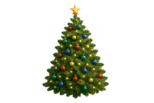 Christmas tree decorated with star, colorful ornaments, and glowing lights, celebrating winter holiday traditions