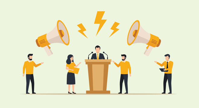 Dynamic business presentation with speaker at podium and supportive team members amplified by megaphones, conveying impactful messaging