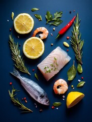 Culinary Palette: A meticulously arranged tableau of fresh ingredients on a deep blue surface. Featuring fish, shrimp, lemon slices, herbs and spices.
