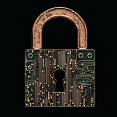 Cybersecurity Fortress: A close-up shot of a digitally enhanced lock, showcasing intricate circuit board patterns, symbolizes robust protection in the digital world.