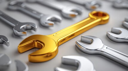 Shiny silver wrenches fill the scene, with a striking golden wrench positioned prominently. The background is clean and well-lit, highlighting the tools' metallic finishes.