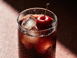 Classic cocktail with cherry and ice on a textured surface