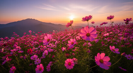 Obraz premium Vibrant pink cosmos flowers blooming on a hillside at sunset with mountain view