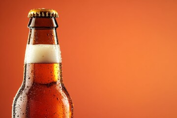  Refreshing Brew: A close-up shot of an amber glass beer bottle, filled with bubbly liquid, embodies a sense of refreshment and relaxation, complemented by the cap's golden allure.