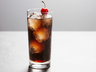 Refreshing tall glass of cola with ice and cherry garnish