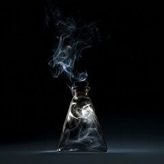 Ephemeral Vapor: An elegant, triangular glass bottle emits swirls of ethereal smoke against a stark, dark backdrop. The image captures a moment of delicate beauty and mystery.