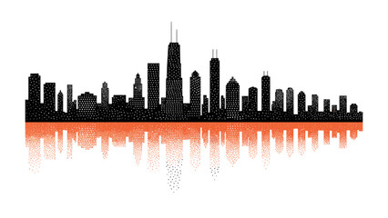 Naklejka premium City Silhouette: A striking silhouette of a cityscape against a vibrant orange and gray background, showcasing a modern urban panorama with a touch of artistic flair. 