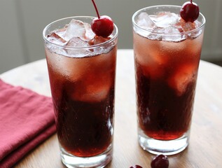Two refreshing cherry cocktails with ice and garnishes