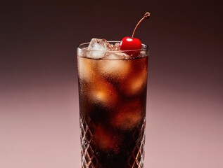 Refreshing dark soda with ice and cherry garnish