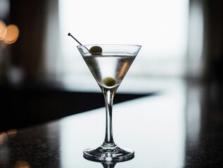 Classic dry martini cocktail with olives on a bar