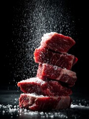 Salted Cuts: A captivating studio shot showcases meticulously stacked, vibrant raw meat cuts being delicately seasoned with cascading crystals of salt.