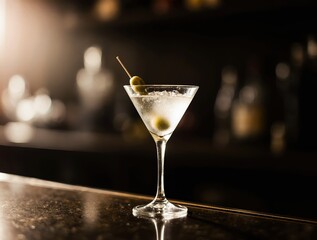 Classic dry martini cocktail with olives on a bar counter