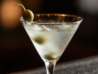 Classic martini cocktail with olives and ice