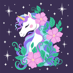 Celestial unicorn with flowers against a starry night background. Magical spiritual horse vector illustration