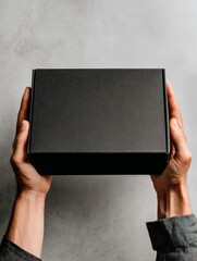 Product Presentation: A person holds a sleek black box, symbolizing delivery or gift. The presentation emphasizes simplicity, perfect for highlighting packaging or a surprise element.