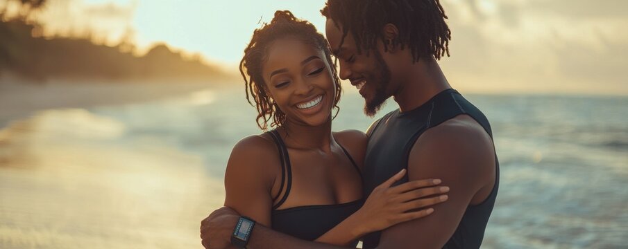 Affectionate couple smiling and embracing on the beach during a sunny sunset