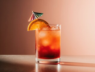 Refreshing orange and red layered cocktail with orange slice and umbrella