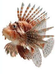 Radiant Lionfish: A majestic lionfish showcases its striking fins and intricate patterns, swimming gracefully, revealing its aquatic beauty.
