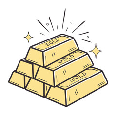 Hand-drawn illustration of shimmering gold bars stacked, symbolizing wealth, financial success, precious investments, and valuable assets for economic prosperity