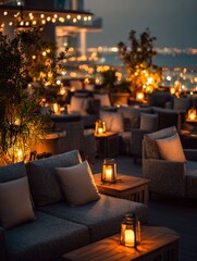 Nightlife Serenity: An inviting rooftop bar, illuminated by a warm glow, offers a tranquil escape, with comfortable seating and a breathtaking cityscape backdrop.