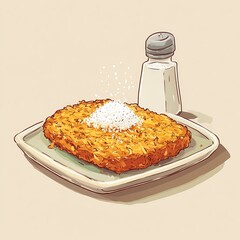 Savory Delight: Crispy hash brown on a plate, delicately sprinkled with salt, next to salt shaker, capturing the essence of simple indulgence.