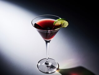 Elegant red cocktail with lime garnish in martini glass