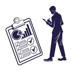 Businessman silhouette performing data analysis and task management, reviewing project progress on a clipboard with charts and checklists, illustrating efficient business planning
