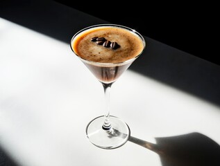 Elegant espresso martini with coffee bean garnish and reflection