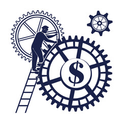 Financial engineering concept A worker on a ladder adjusting gears representing financial mechanisms with a dollar sign
