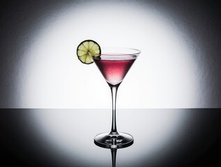Elegant pink cocktail garnished with lime in spotlight