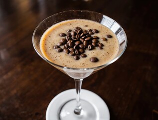 Elegant espresso martini topped with coffee beans in a martini glass